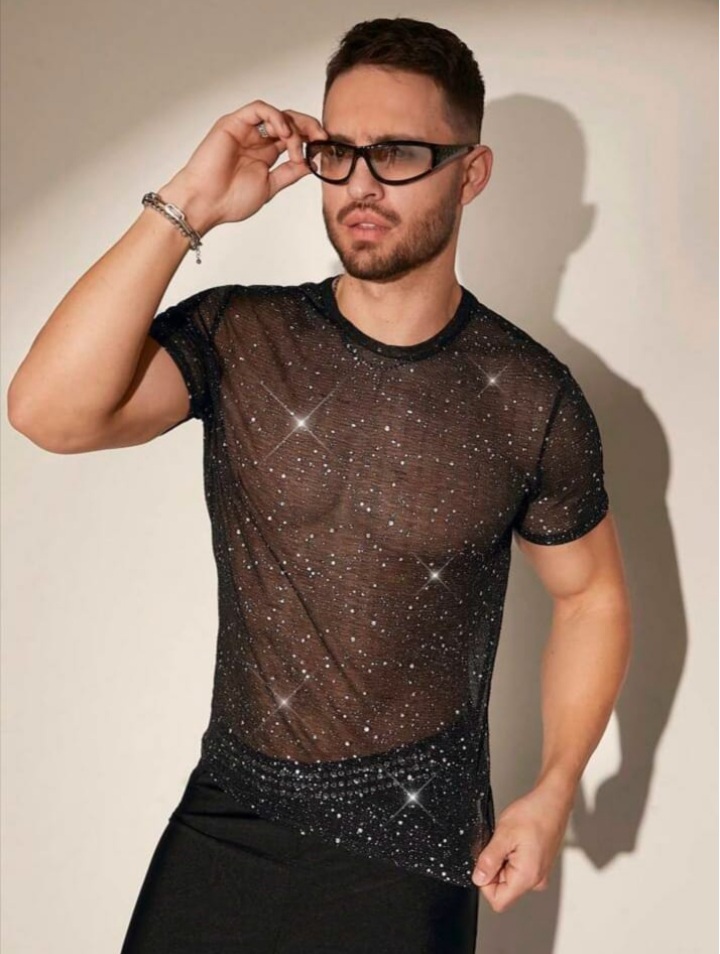 Men's Rhi9nestone Emblished Knit Casual T-Shirt